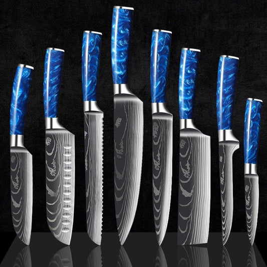 8 Pcs High Carbon Stainless Steel Damascus Blue Resin Handle Knife Set